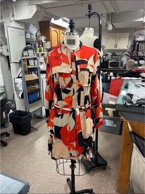 Reiss Abstract Print Shirt Dress in Red, Black & Cream